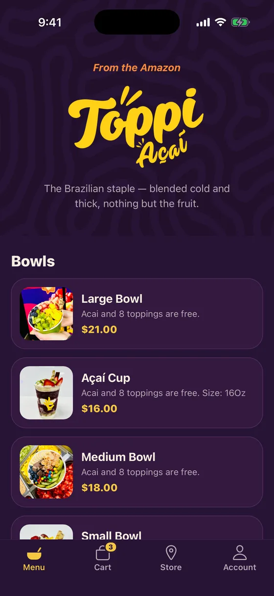 The Toppi Açaí Bowl app showing the menu