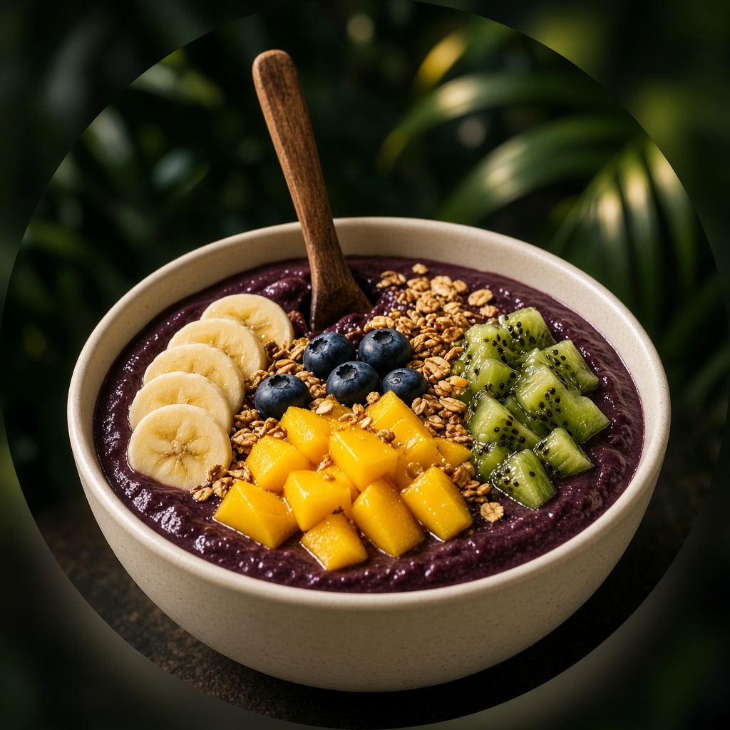 Thick unsweetened açaí bowl topped with banana, mango, kiwi and granola